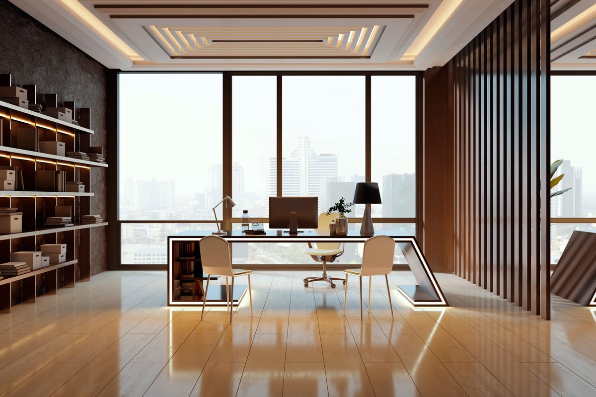 Luxury modern office interior with cityscape view