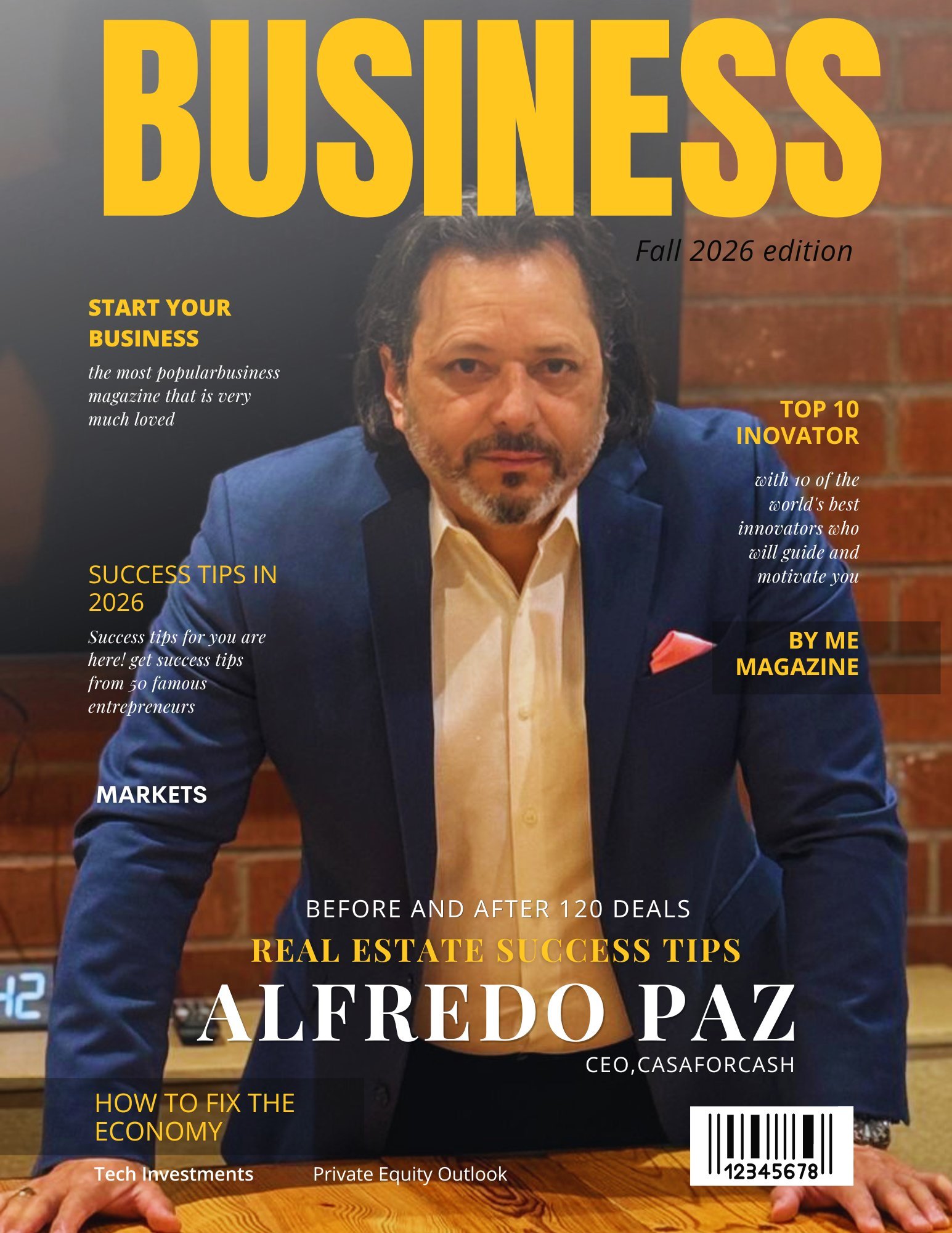 Alfredo Paz CEO de CasaForCash en Business Magazine Fall 2026, en blazer azul hablando sobre éxito en real estate