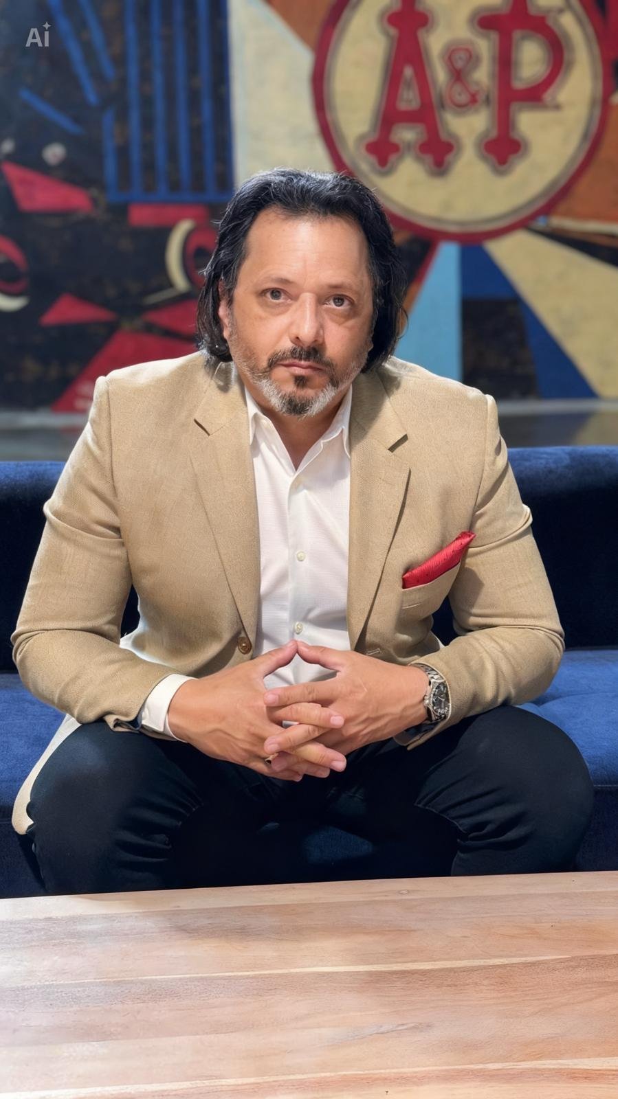 Man in beige blazer and white shirt sitting on blue chair at TV studio desk with A&P logo in background